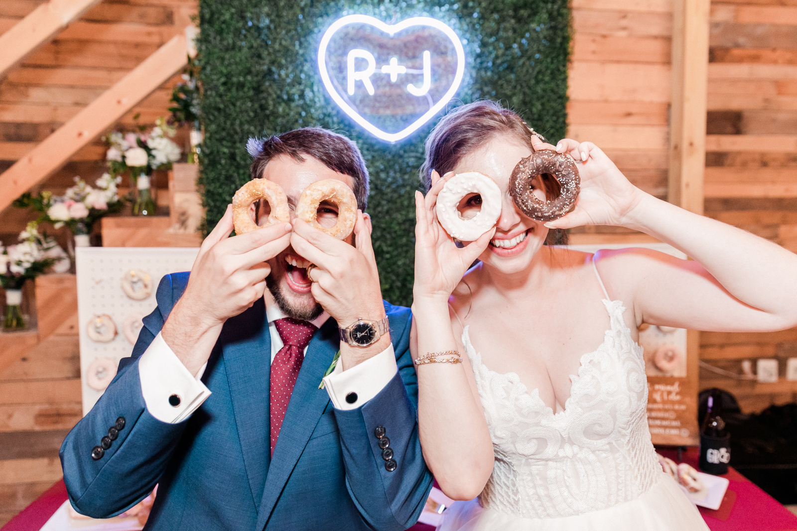 Bride and groom with donuts