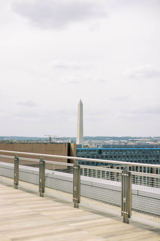 Washington Monument seen from the International Spy Museum rooftop—ideal for wedding or mitzvah ceremonies with a skyline backdrop