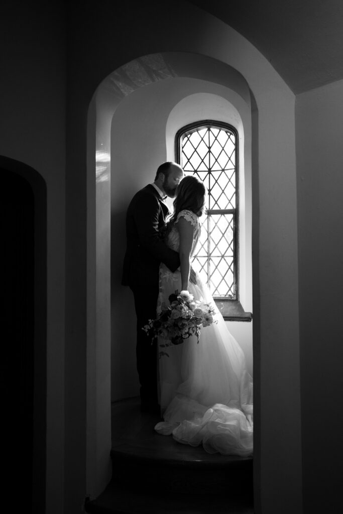 Editorial black and white portrait inside The Branch Museum during a romantic Richmond wedding