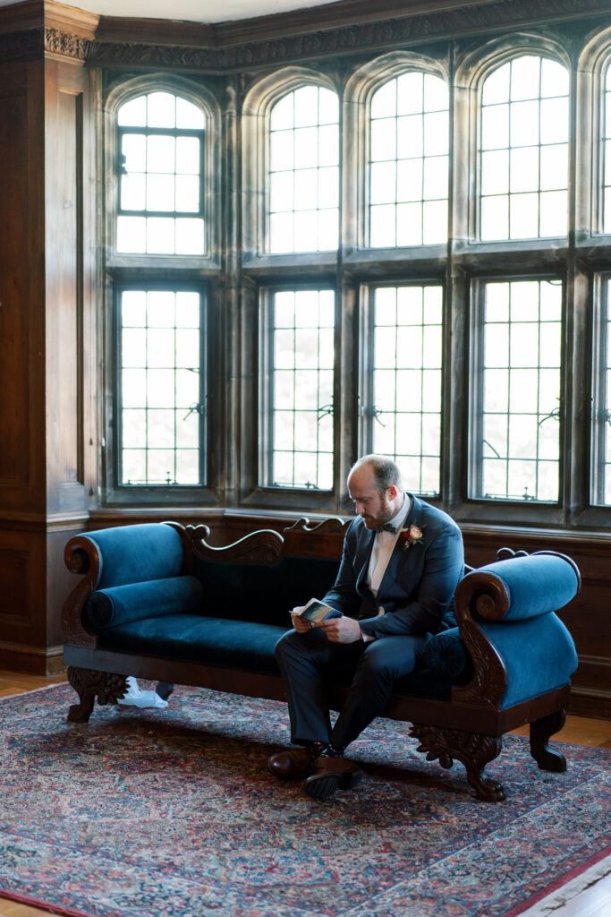 Groom reading personal vows at The Branch Museum wedding venue in Richmond. Event Management, Day of Coordinator, Richmond-based wedding planner.