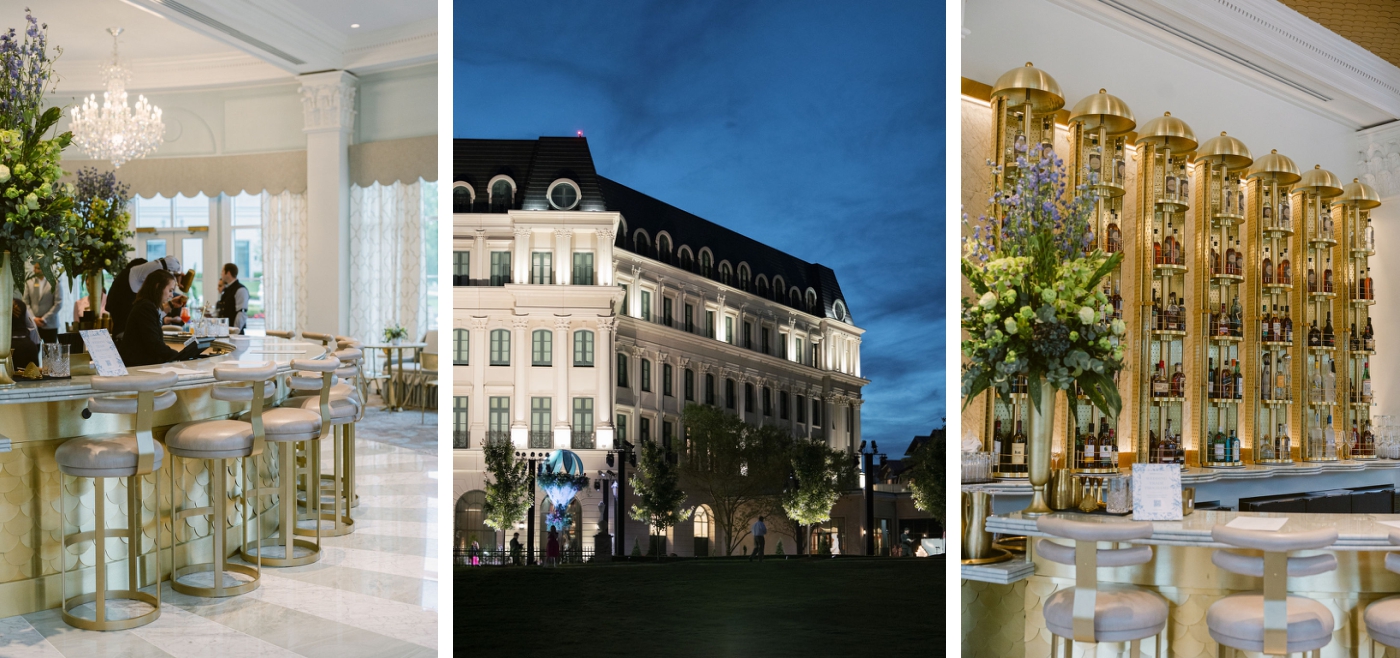 An outdoor view of Nemacolin Resort with multiple stories, many windows, and a black roof