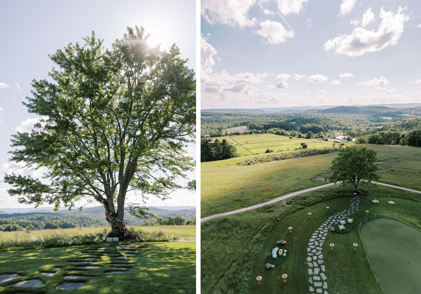 A large green meadow with a single tree decorated with flowers and chairs for a wedding ceremony