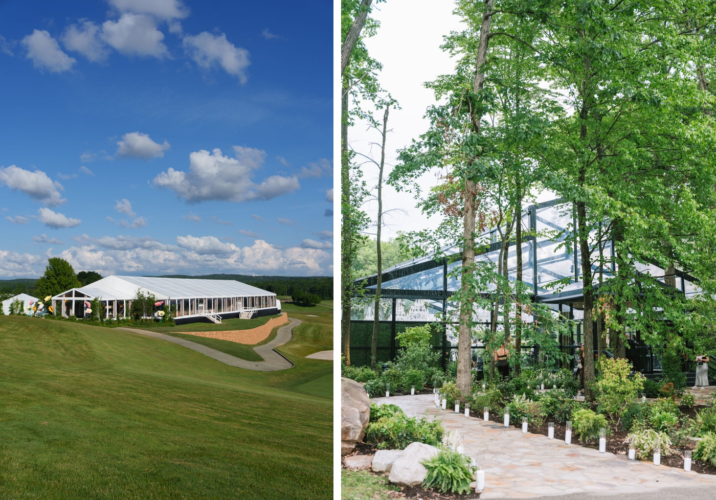 A glass greenhouse-style building sits behind a wall of trees