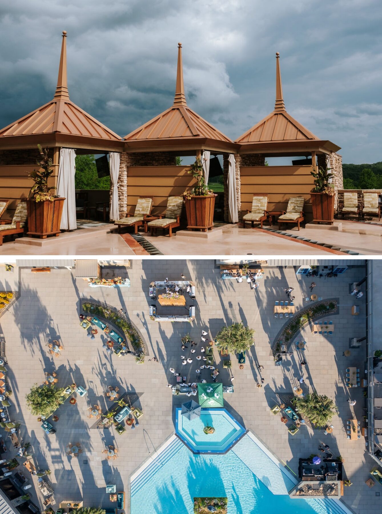 An aerial view of the large pool and patio at Nemacolin Resort