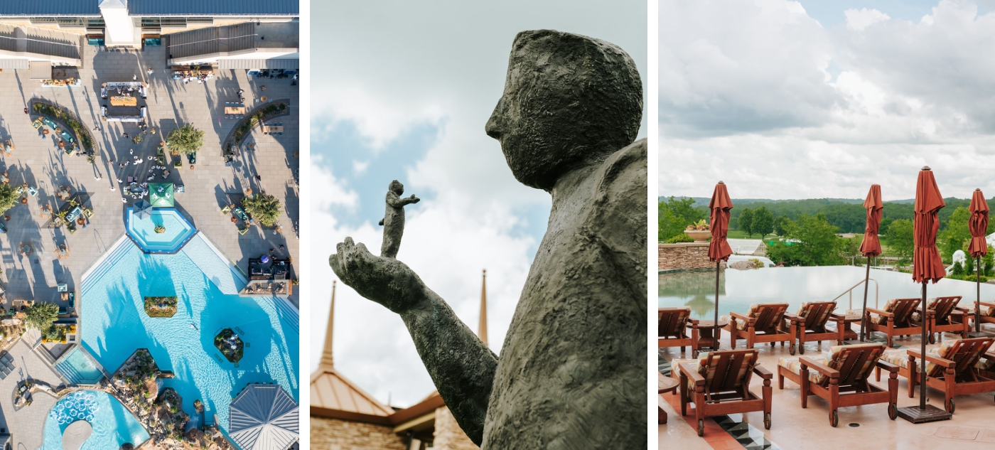 A large statue holds a small satue in its hand
