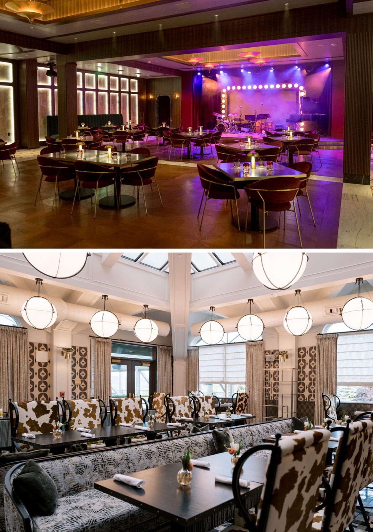 A moody restaurant with sparse tables faces a small stage