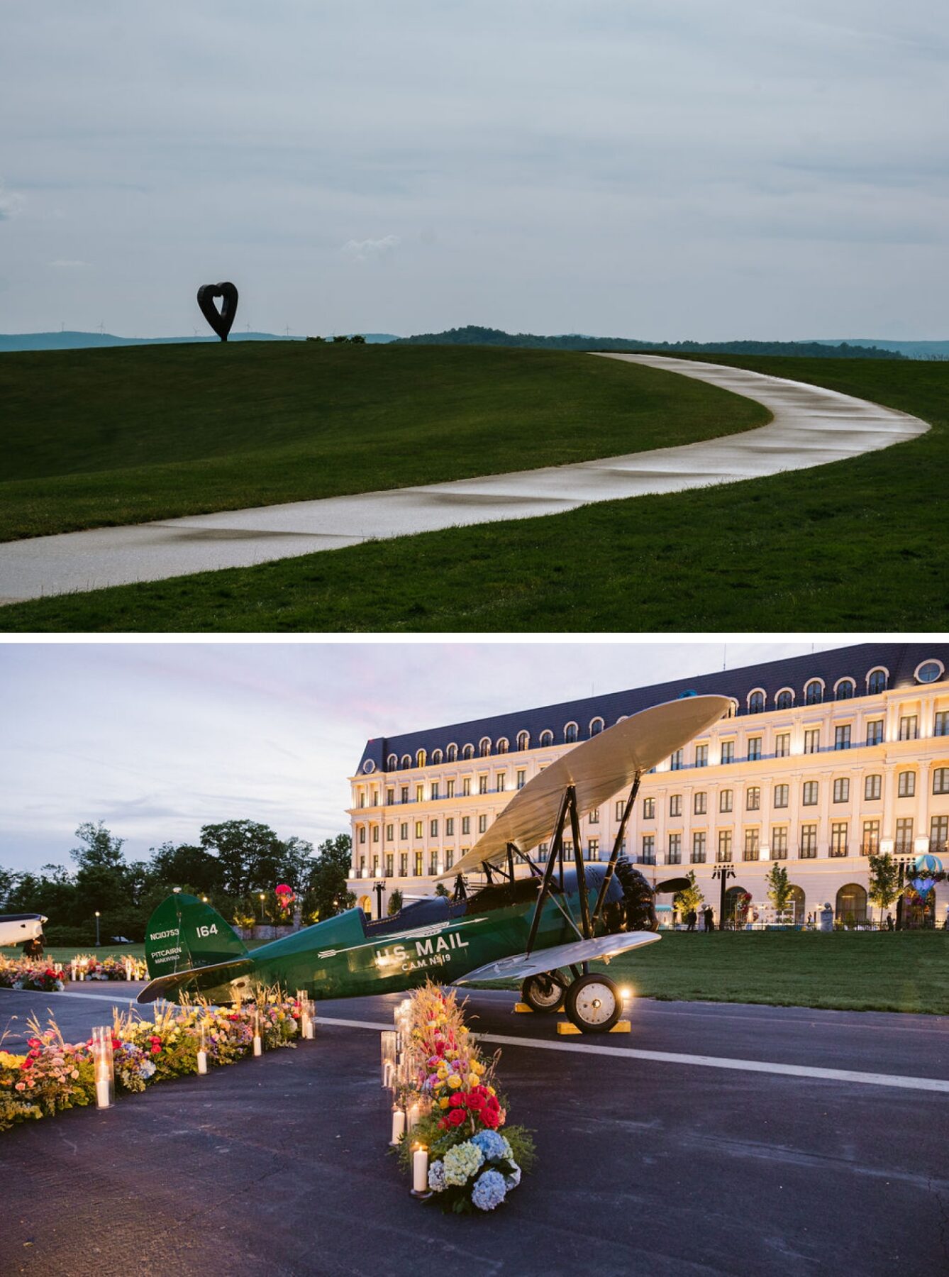 A small green propeller plane sits on an airstrip in front of Nemacolin Resort