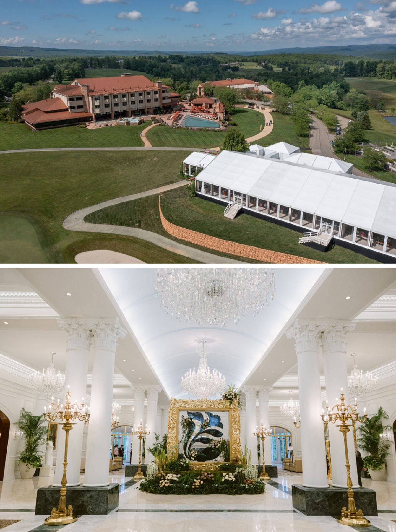 The large white foyer of Nemacolin Resort with tall columns and multiple chandeliers