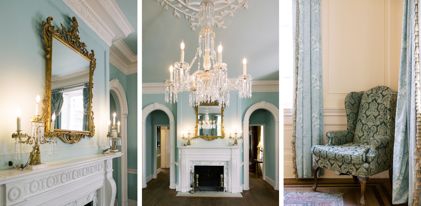 An ornate crystal chandelier in a pale blue room in a historic Charleston estate