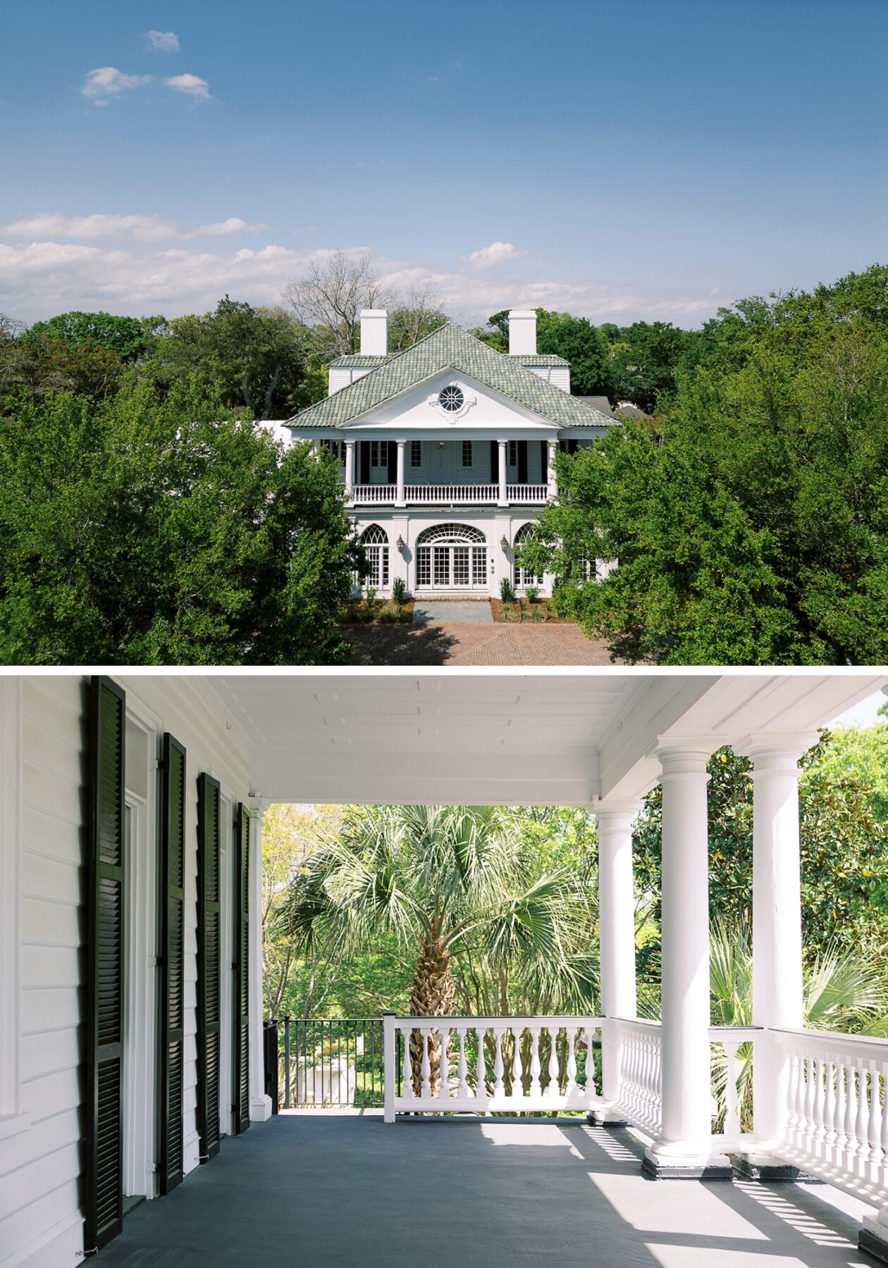 White columns and black shutters on the porch of the Lowndes Grove house