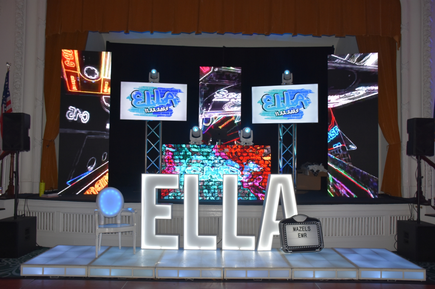 Large marquis letters on a dance floor for a pop graffiti themed bar mitzvah