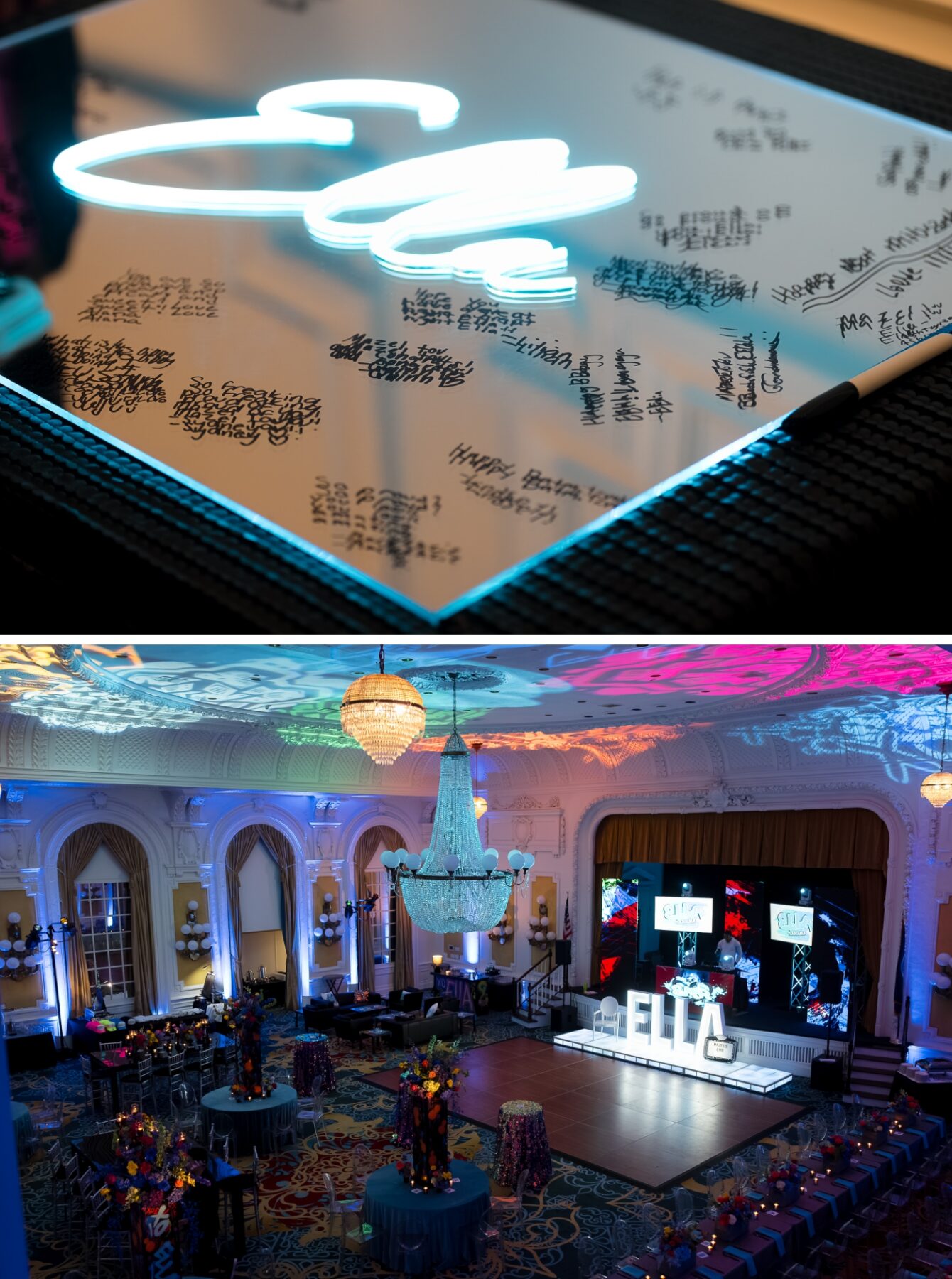 The ballroom of The Jefferson Hotel decorated with graffiti-themed elements