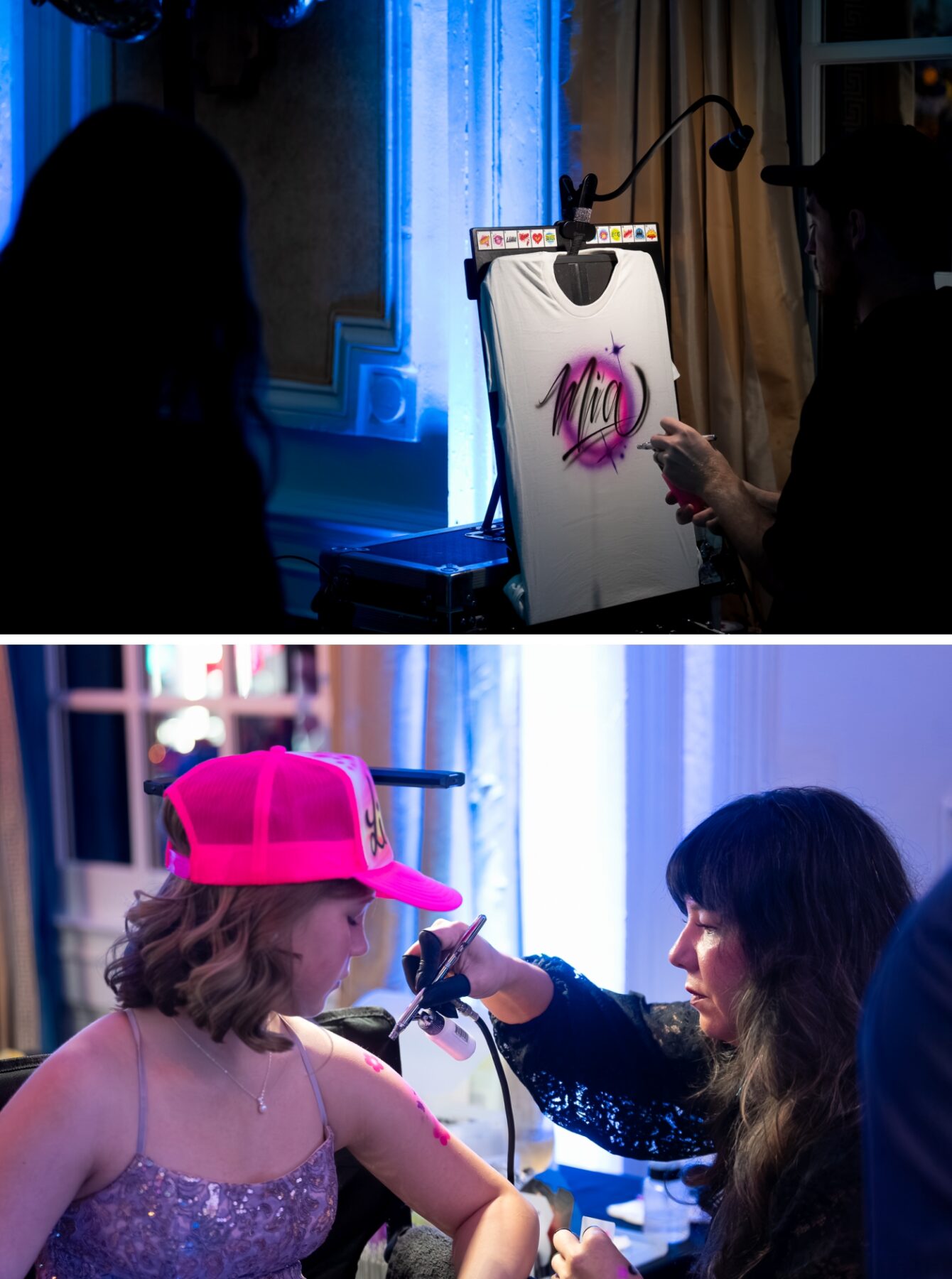 An airbrush artist making a custom t-shirt for a bat mitzvah guest