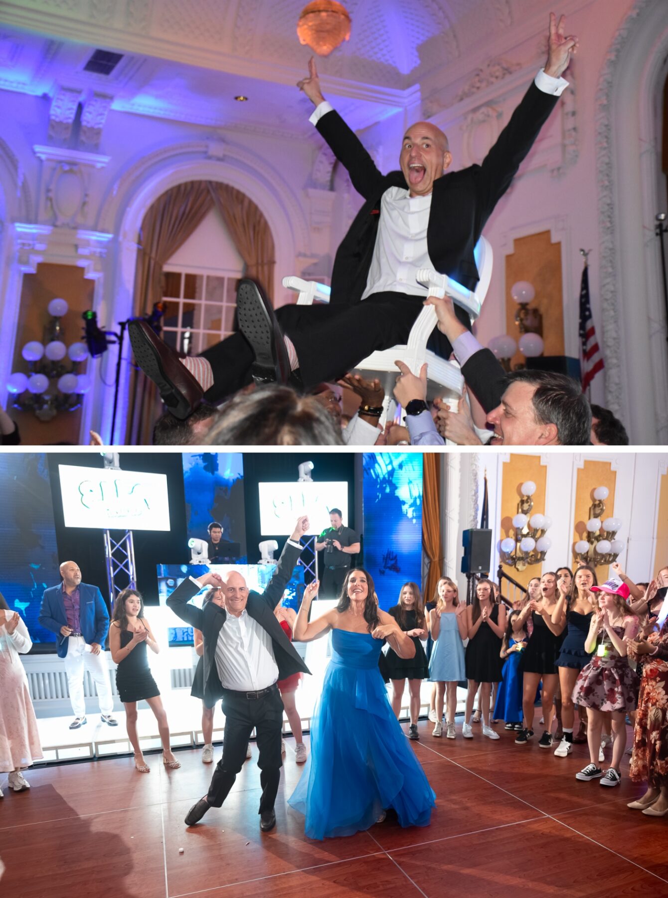 A woman in a floor length blue dress dances with a man in a black suit