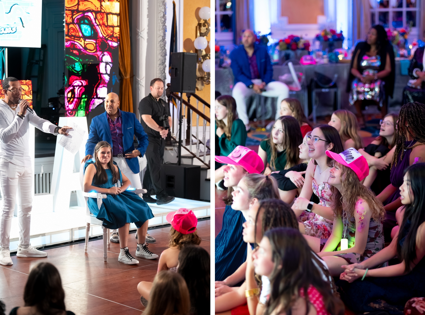Bat mitzvah guest sit on the floor of a dance floor during a game