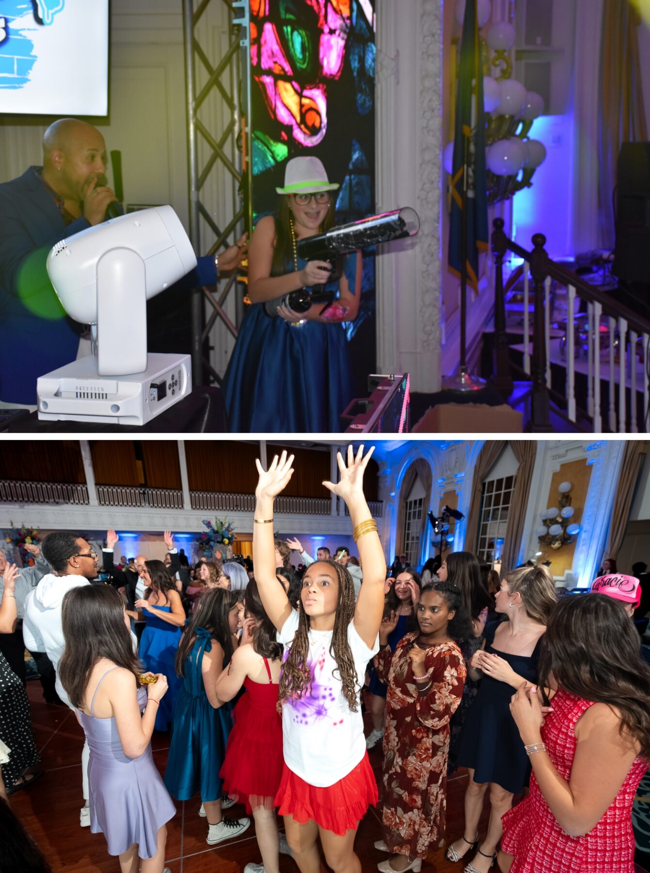 A girl in a short blue dress uses a t-shirt cannon at her bat mitzvah