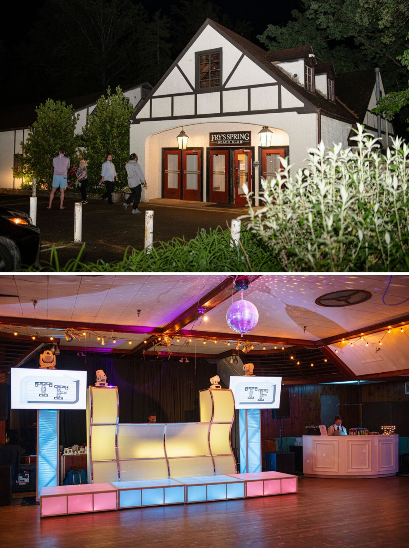 A neon stage set up inside Fry's Spring Beach Club in Charlottesville, Virginia