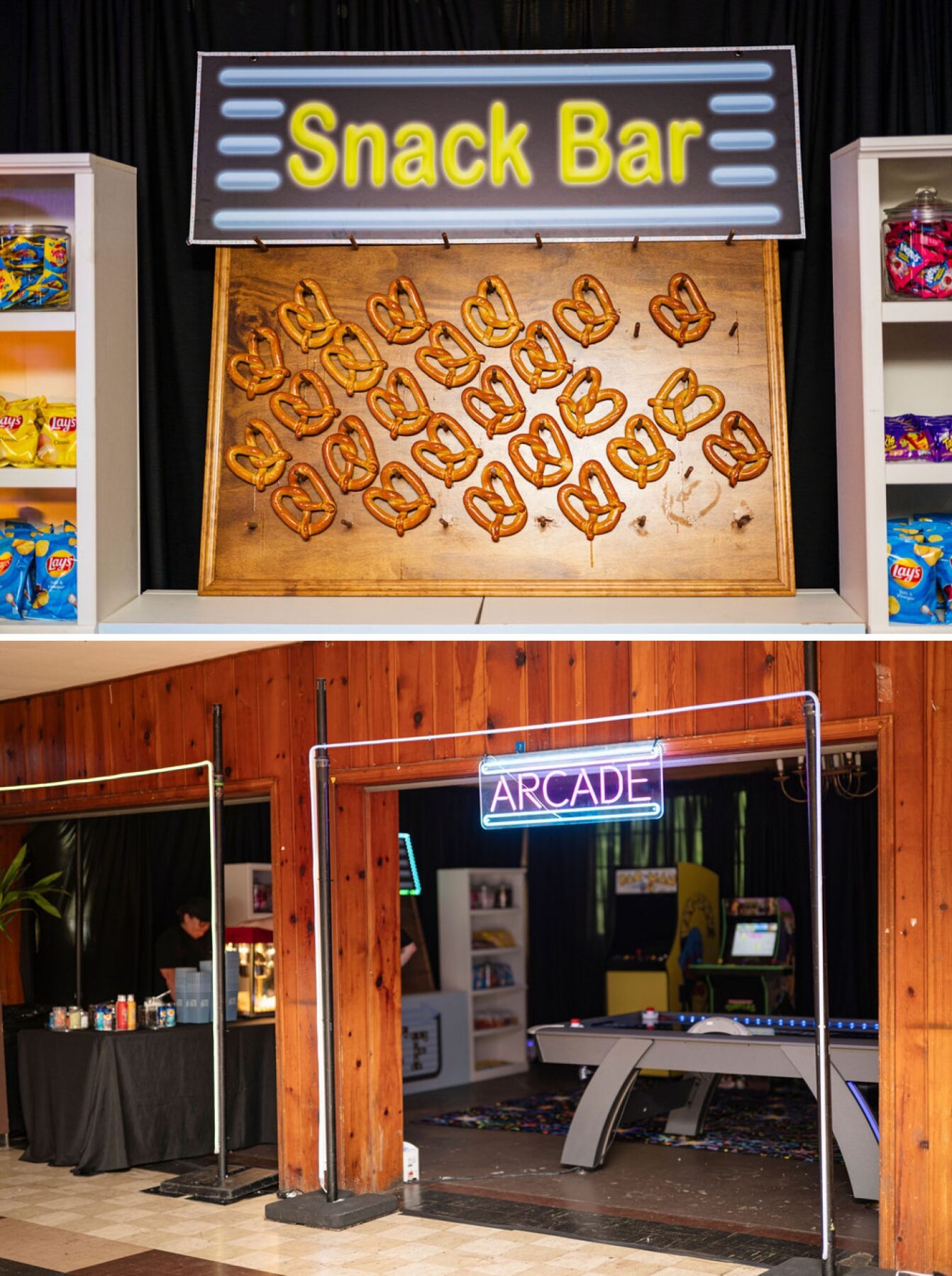 Soft pretzels hanging in a warmer at a retro arcade mitzvah