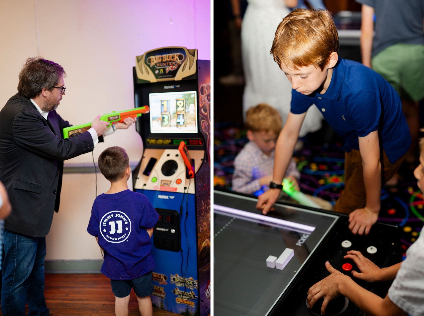 Kids and adults play retro arcade games at a Bar Mitzvah