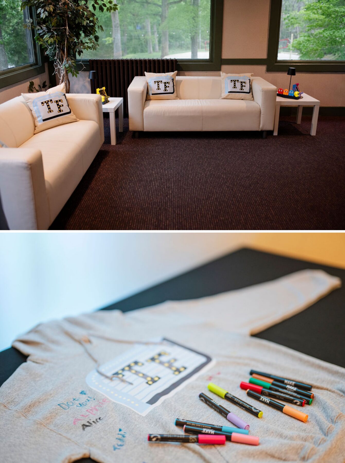 A lounge setup with white couches and custom pillows at a Bar Mitzvah
