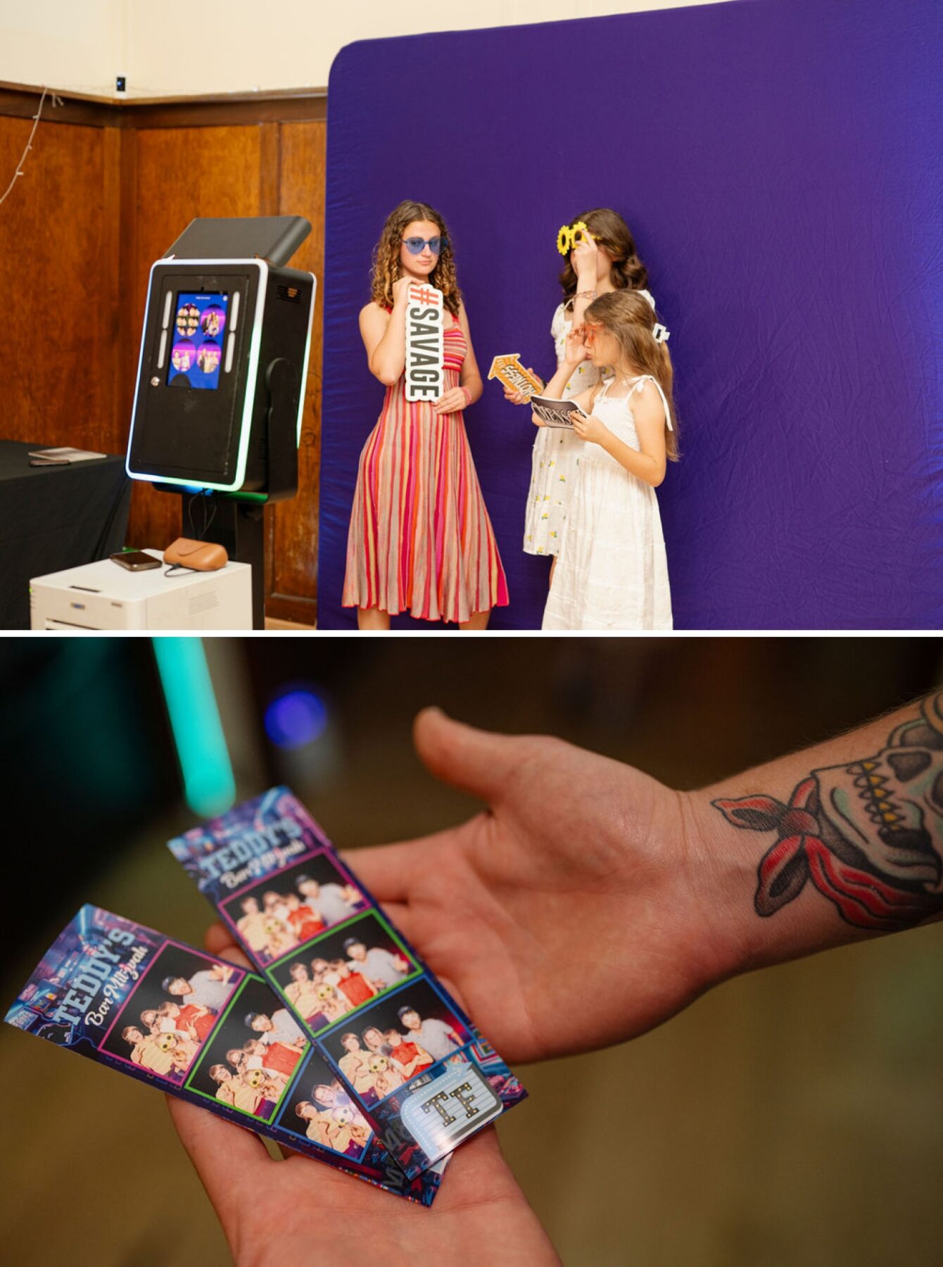 A guest holds two strips of photos