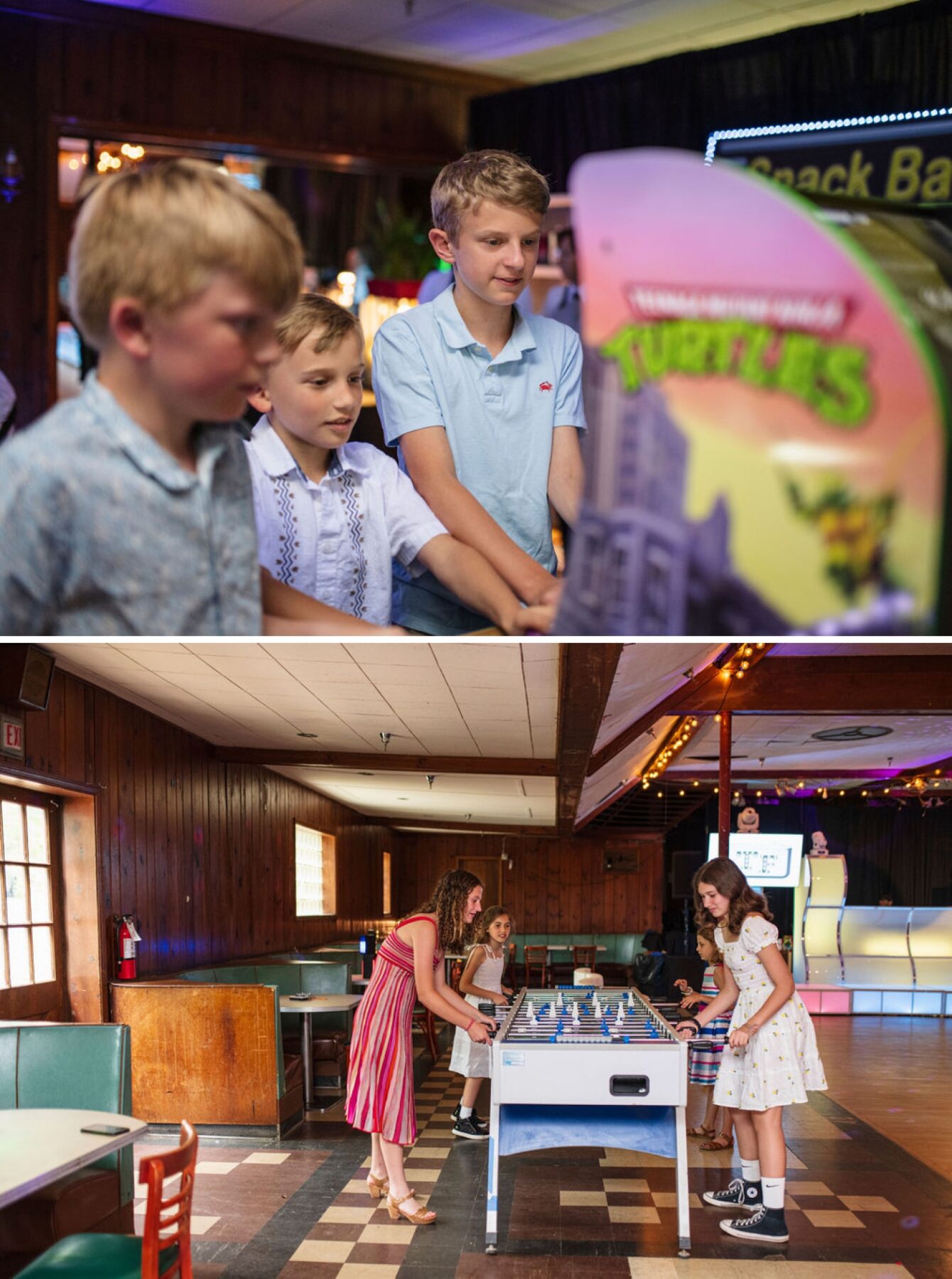 A group of teens gather around arcade games