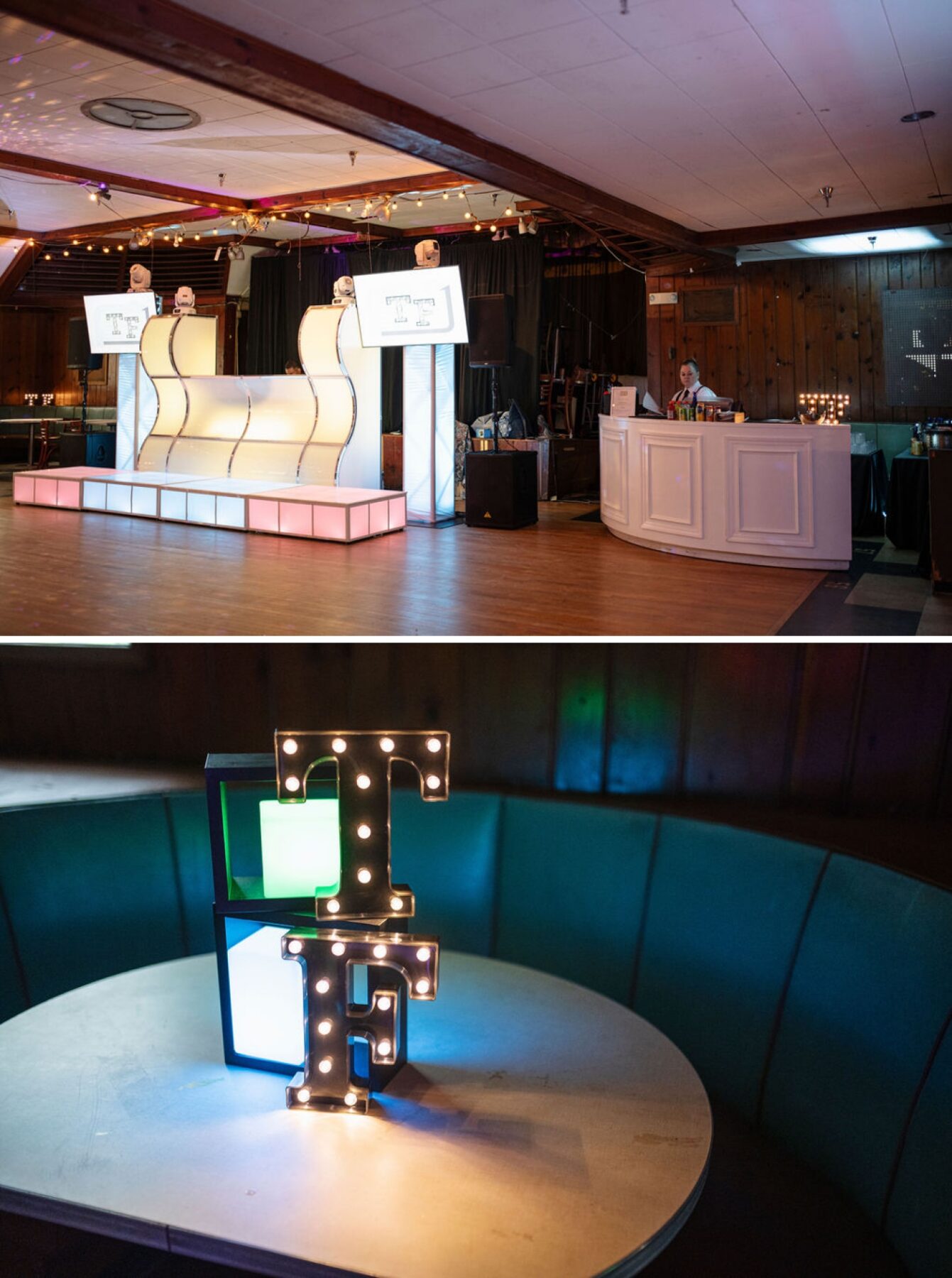 A custom bar and dance floor at a retro arcade Mitzvah