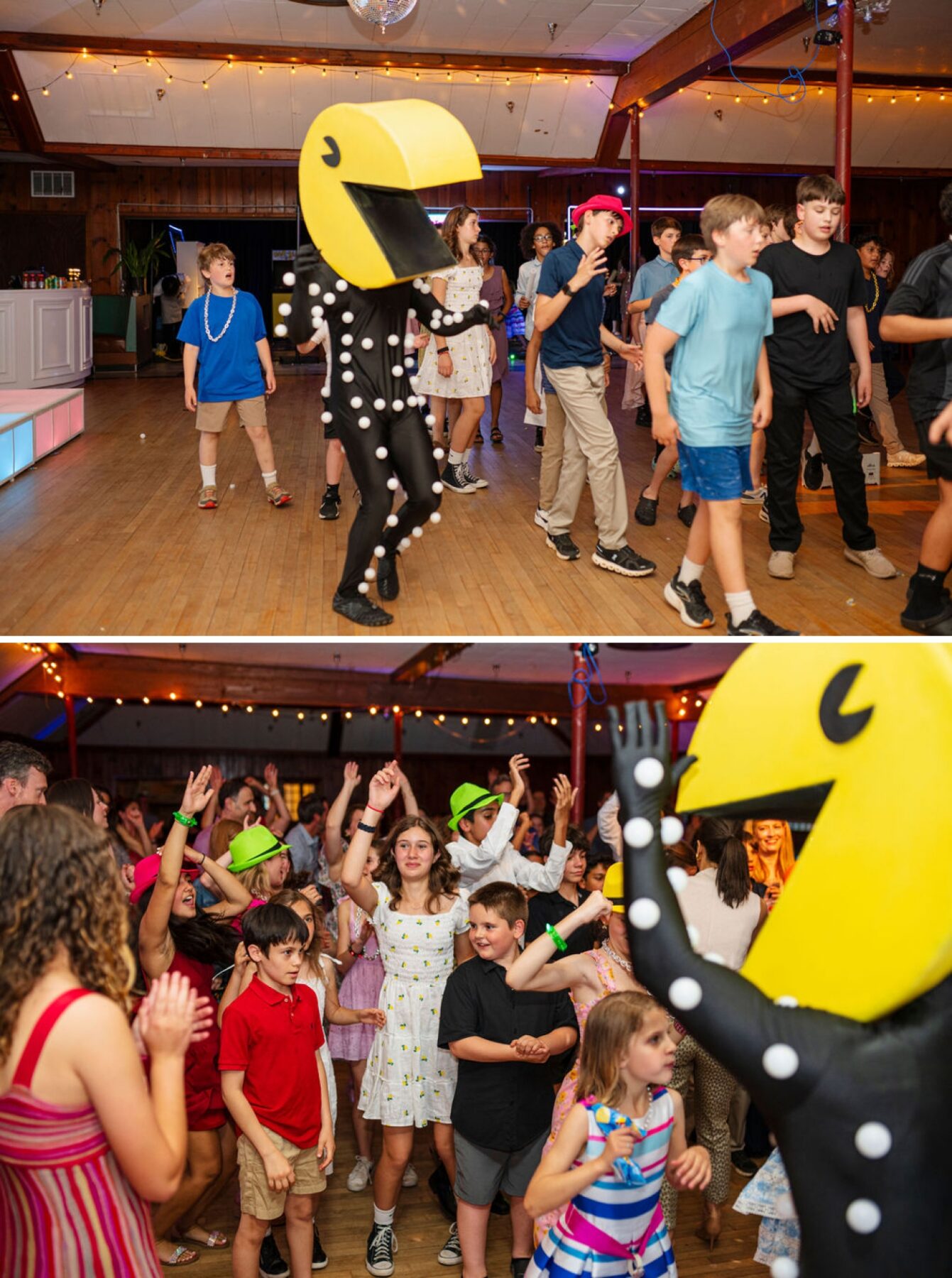 A man dressed as a Pac-Man joins teens on the dance floor at a Bar Mitzvah