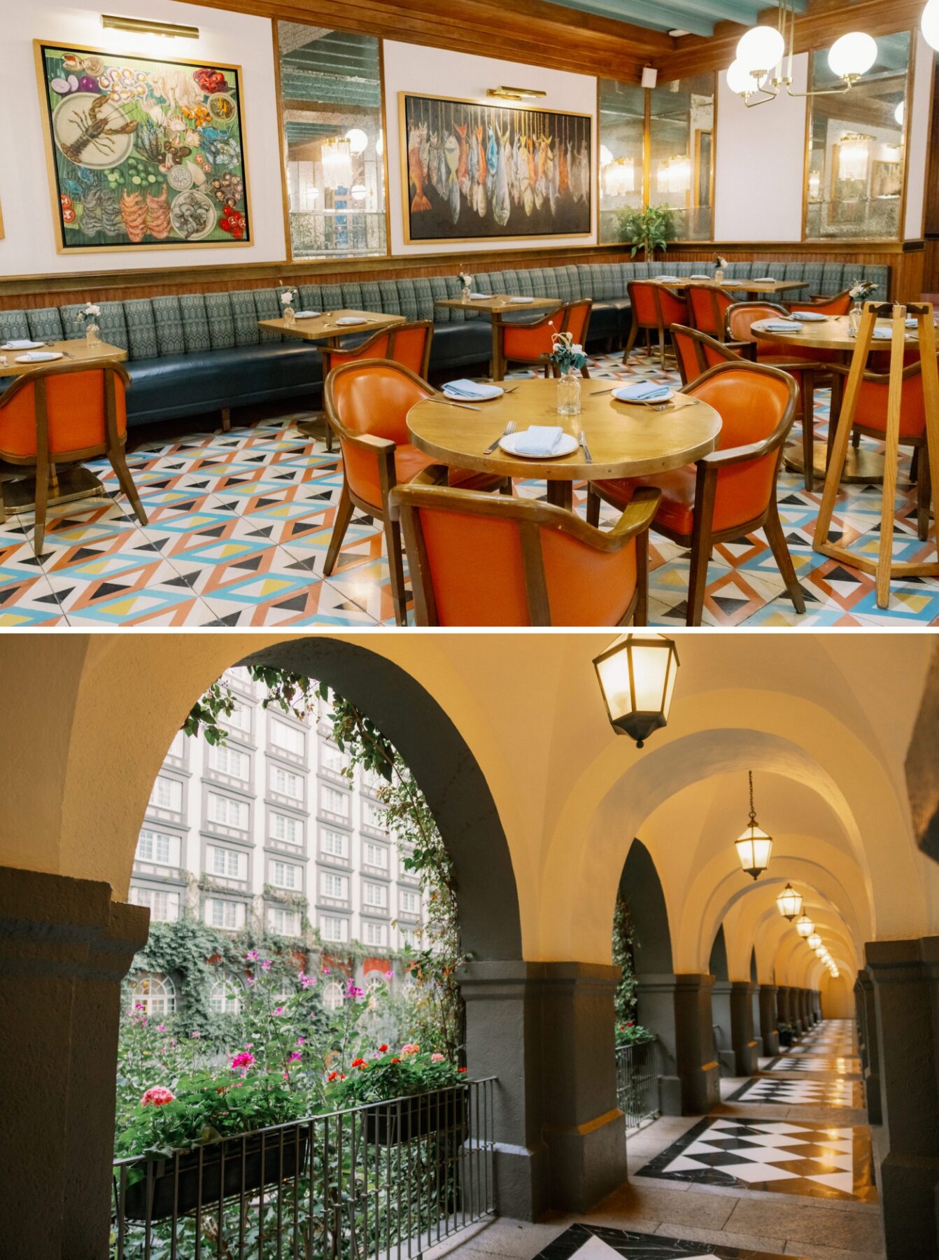 A small restaurant with a tiled floor and bright orange chairs