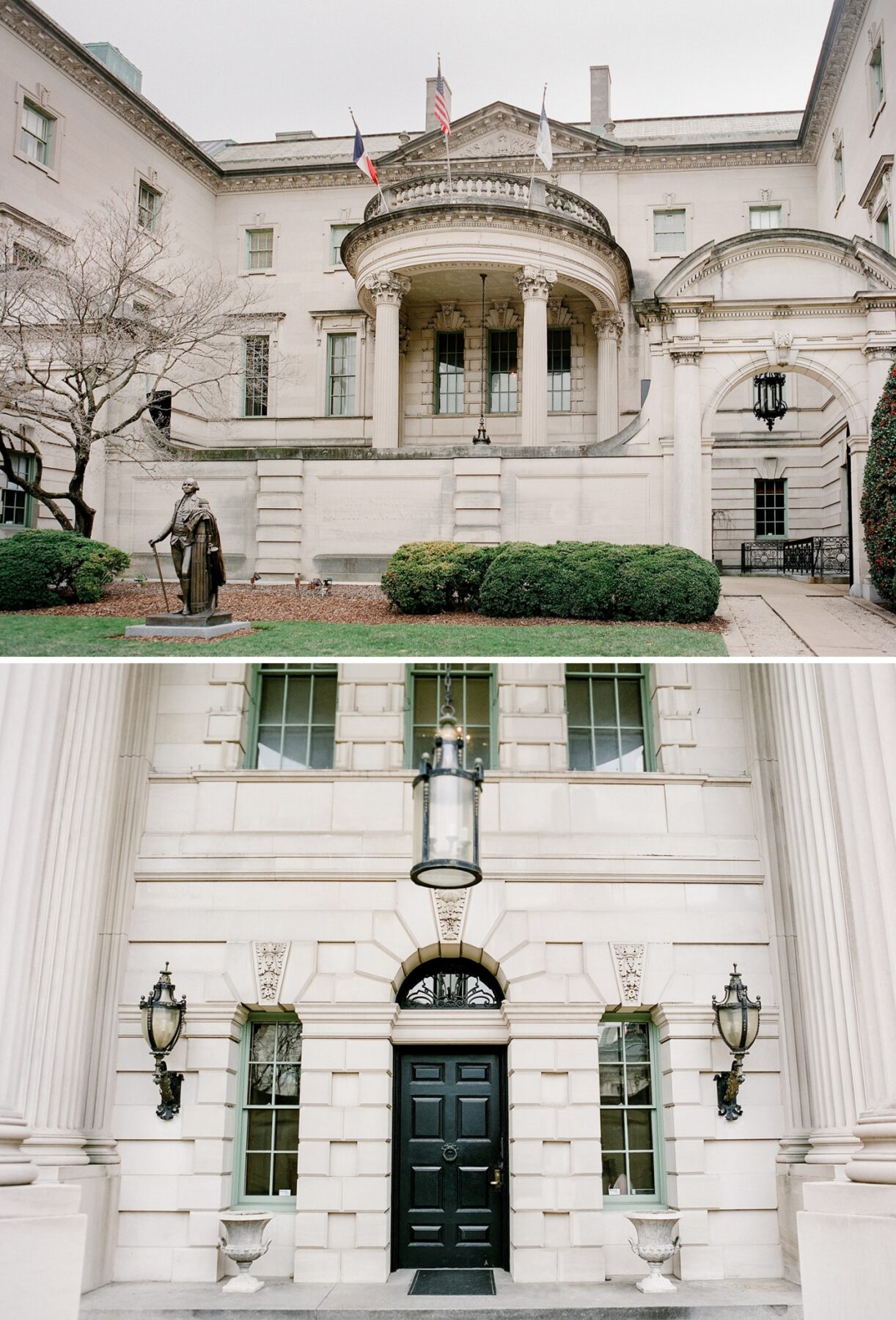 The marble portico of the Larz Anderson House with pillars and a black door