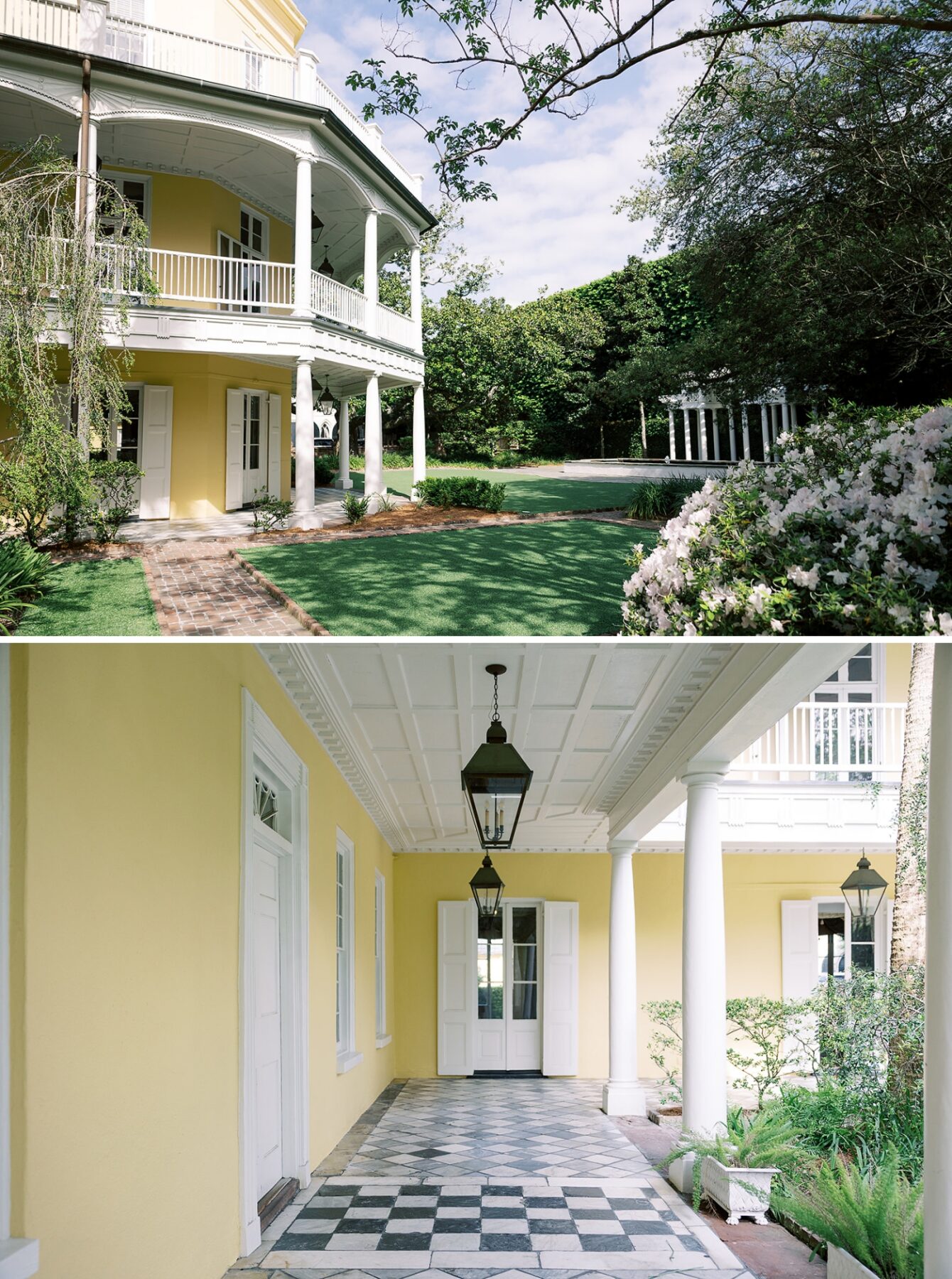 A two story yellow building with a second story wraparound porch