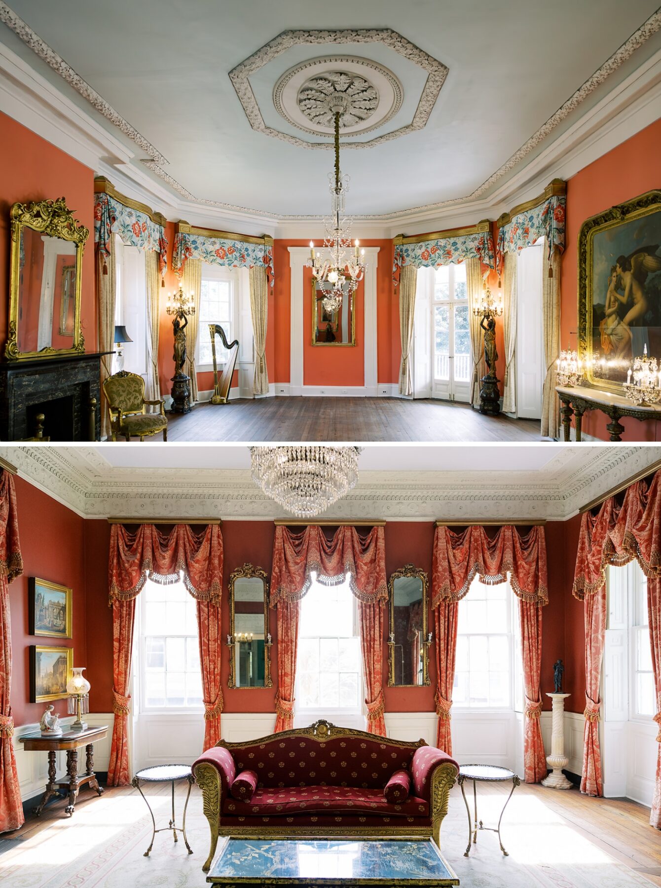A large, red colore room with floor-to-ceiling windows in the William Aiken House