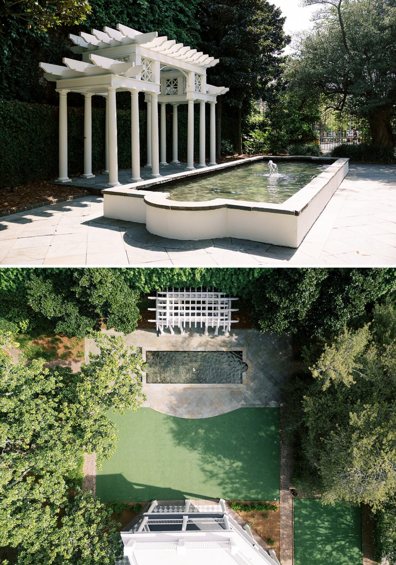A white gazebo beside a reflecting pool