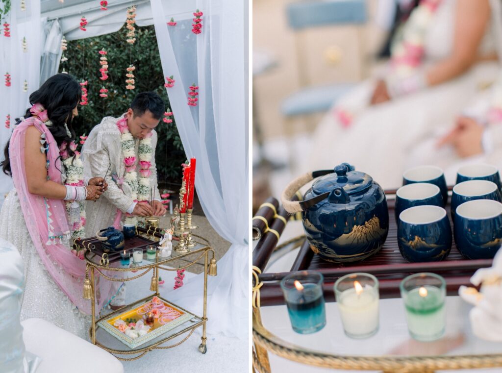 A bride and groom make tea during their wedding ceremony