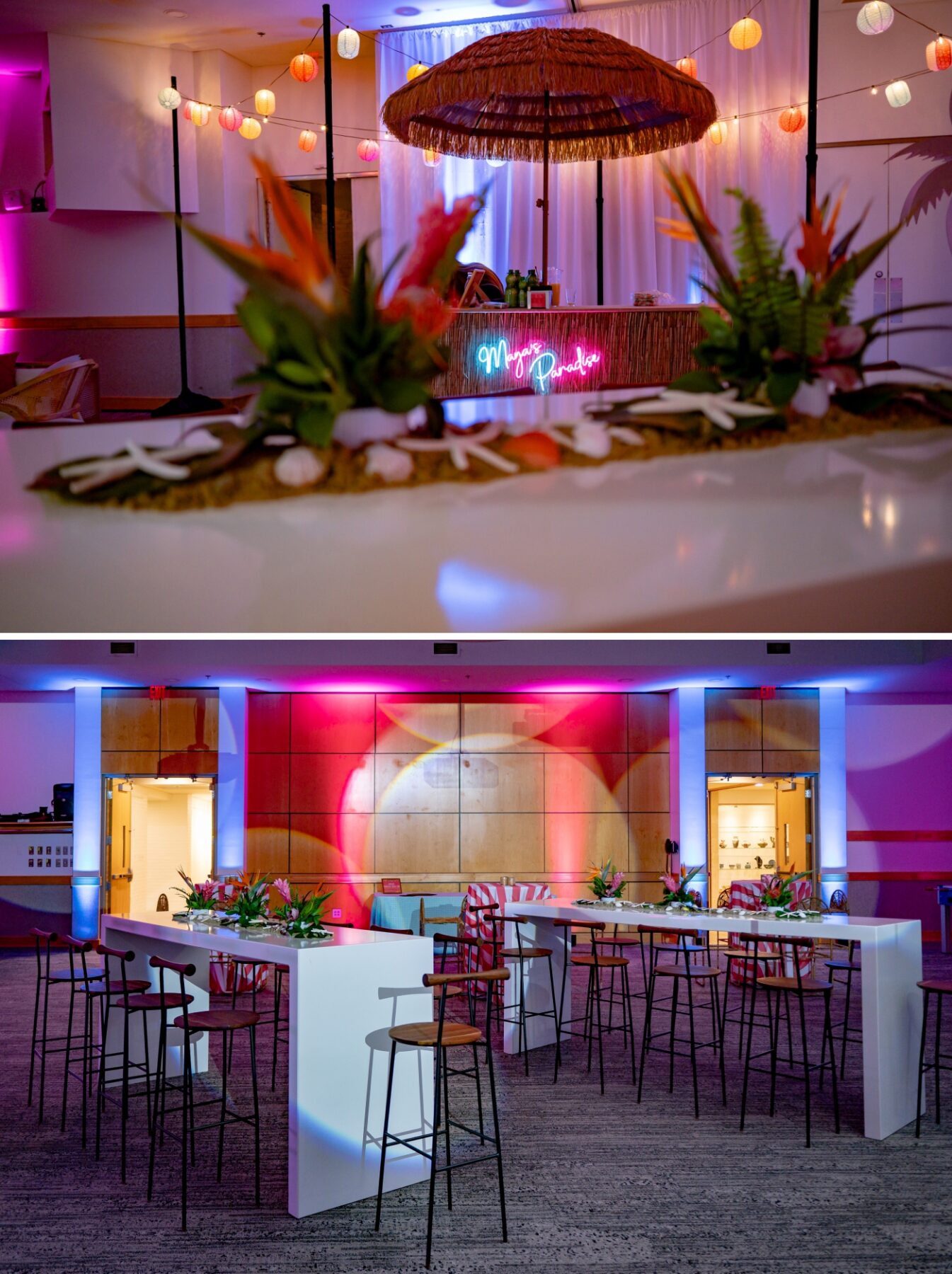 Tropical florals embedded into a long white bar-style table