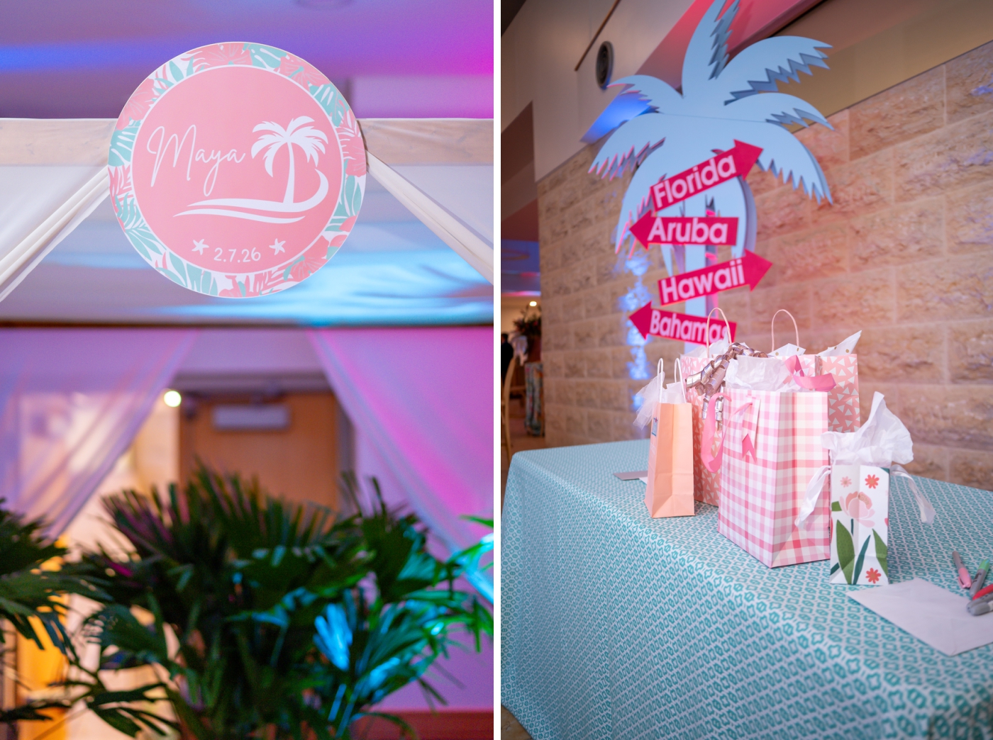 A round, pink and blue sign welcoming guests to a tropical-themed Bat Mitzvah