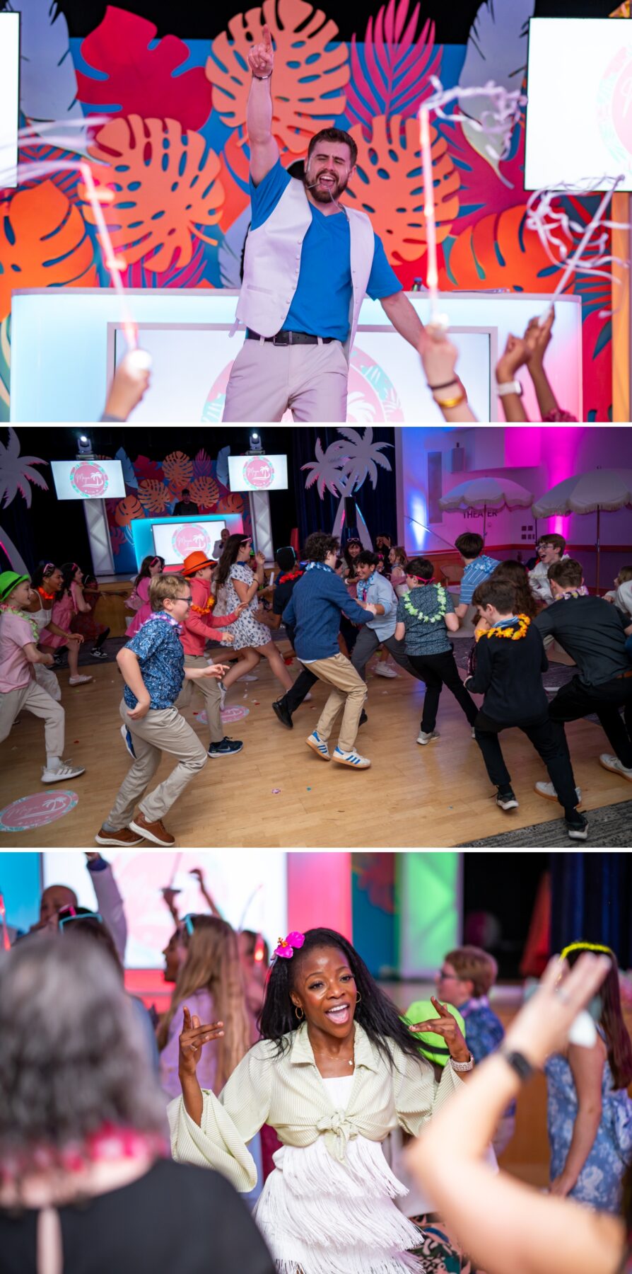 An entertainment team performs on stage during a Bat Mitzvah celebration