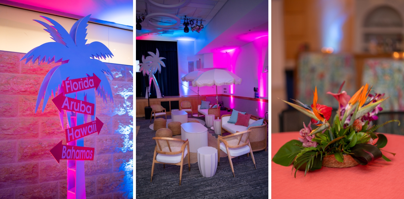 A custom palm tree installation with signs pointing to famous beaches around the world