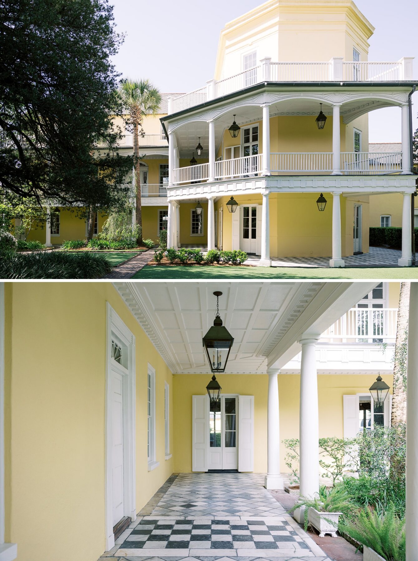 A sunny yellow building with wraparound balconies on the first and second floor