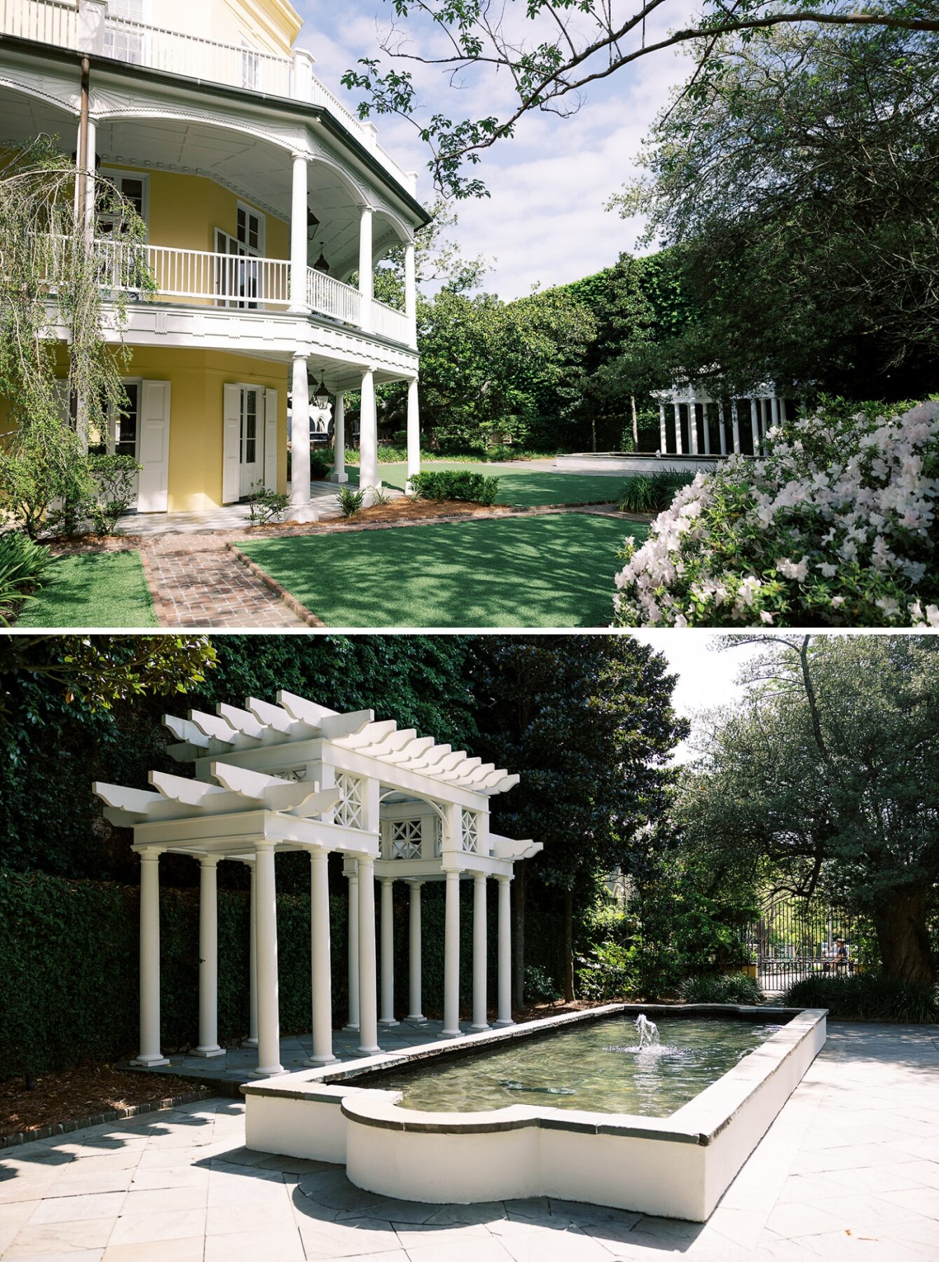 A wide view of the front lawn at the William Aiken House, with a white pergola and fountain