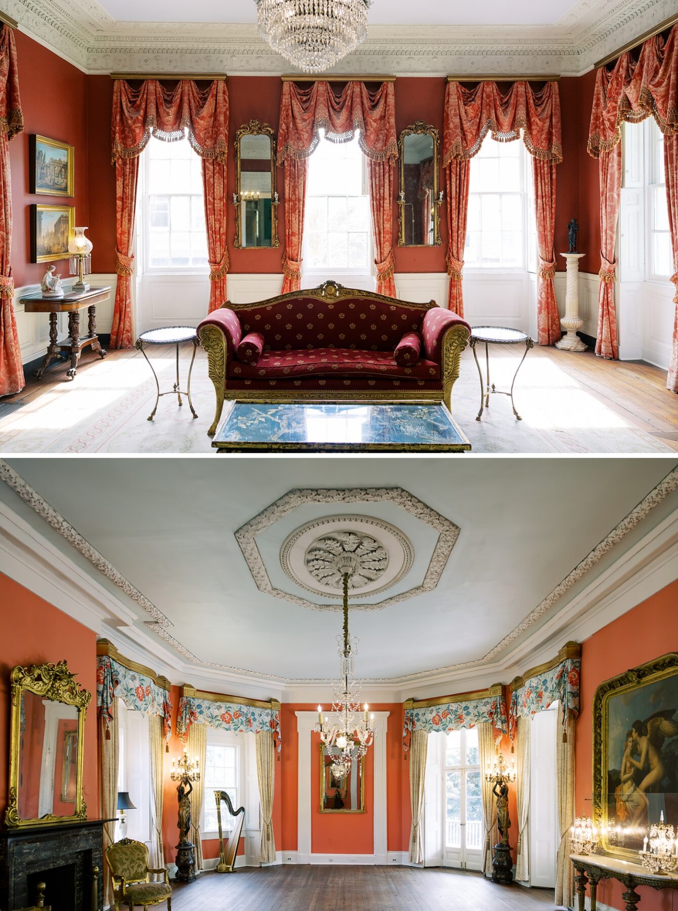 A historic room within the William Aiken House that is painted red with vintage textiles and furniture