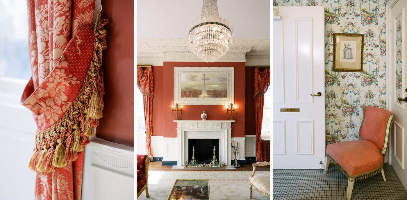 Details of a red and gold curtain, crystal chandelier, and floral wallpaper