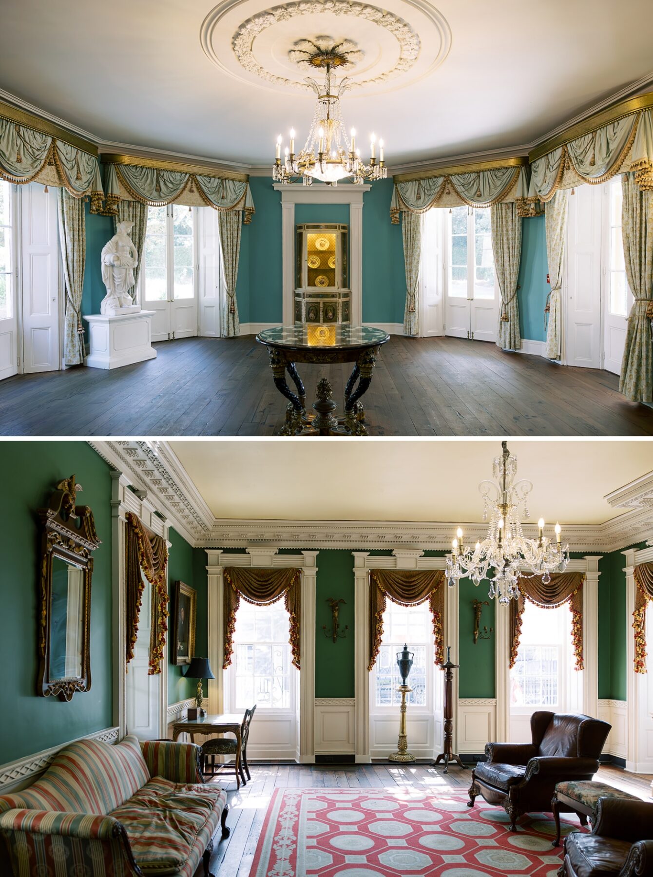 A large room in teal, with historic furniture and window hangings