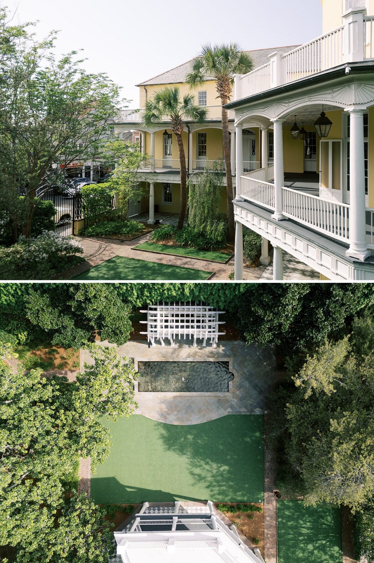 A view of the front lawn of the William Aiken House from above, capturing the front of the building, the green lawn, and the patio with the pergola and fountain.