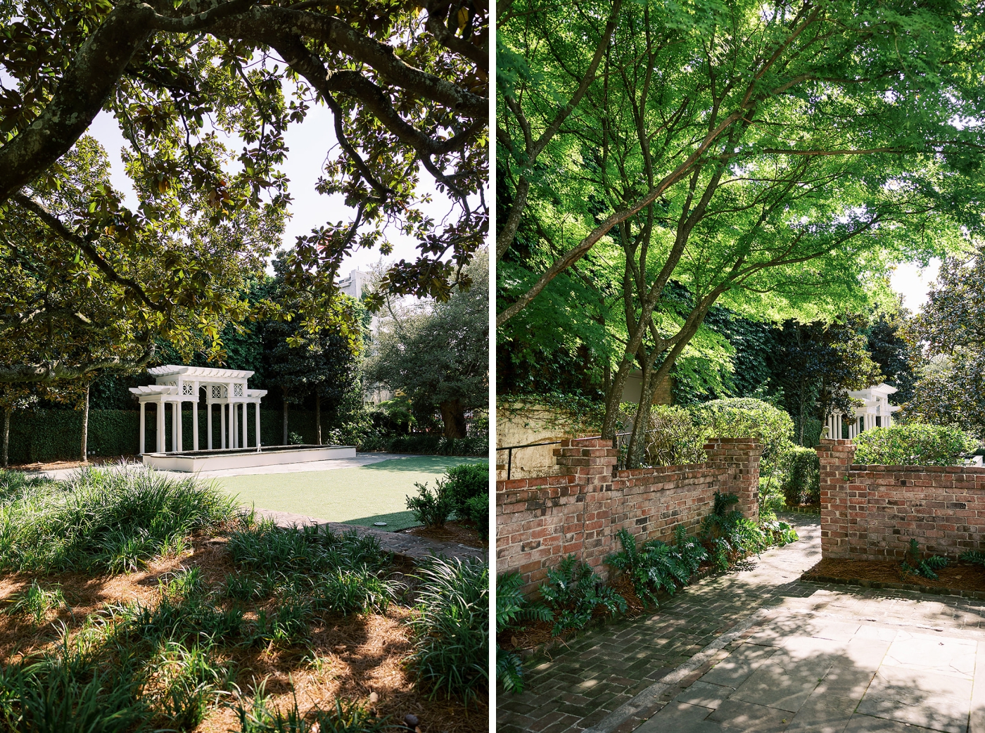 A brick wall leading from the Carriage House to the Front Lawn of the William Aiken House