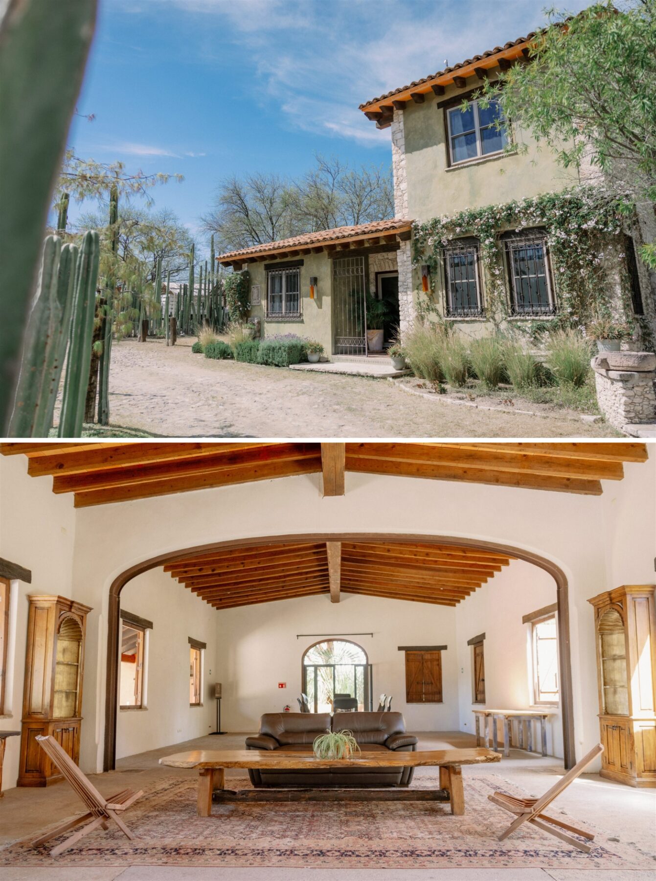 A stone villa at Rancho Las Sabinas surrounded by tall, thin cacti