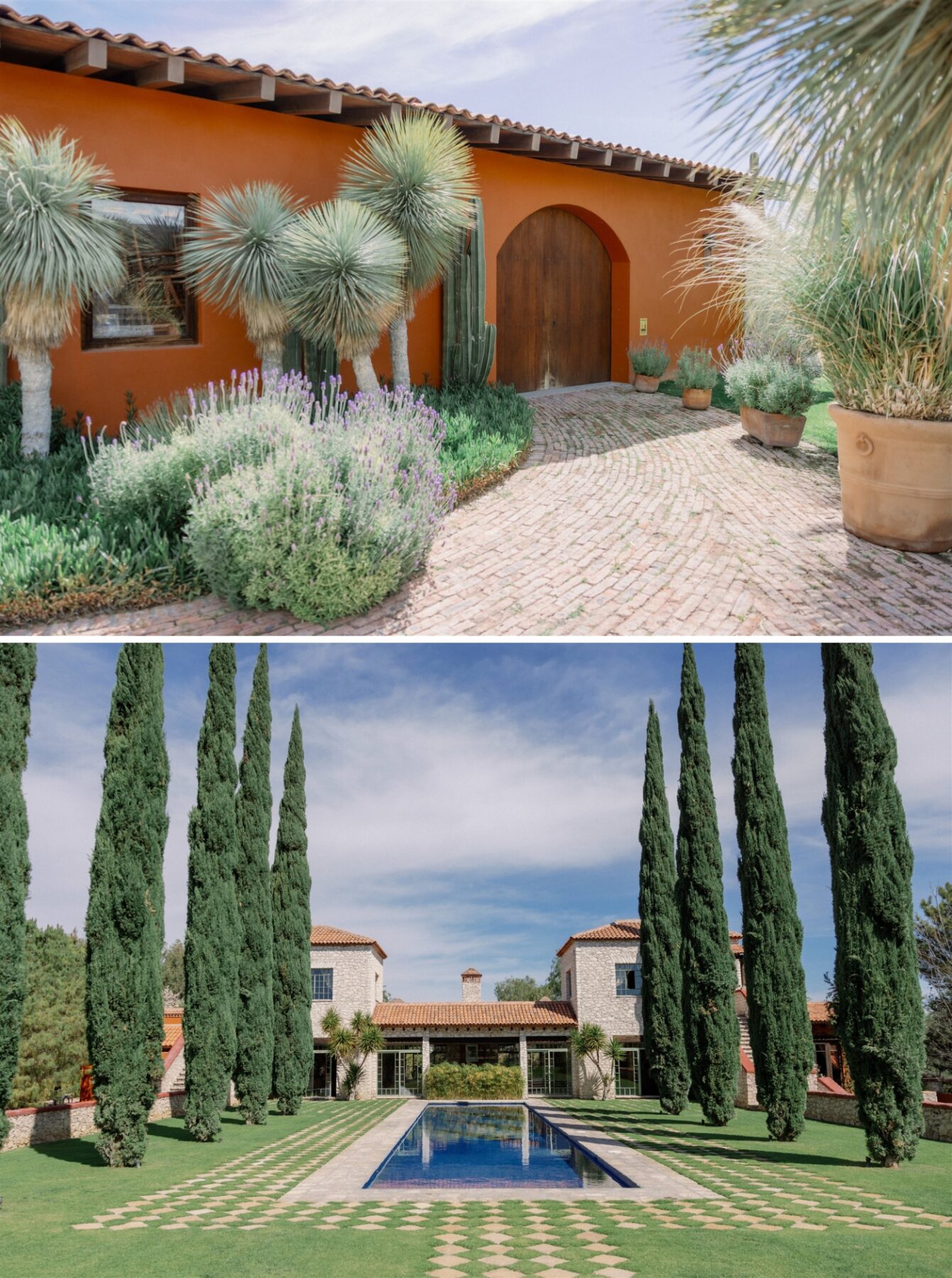 A long, thin pool flanked by tall Mediterranean cypress trees