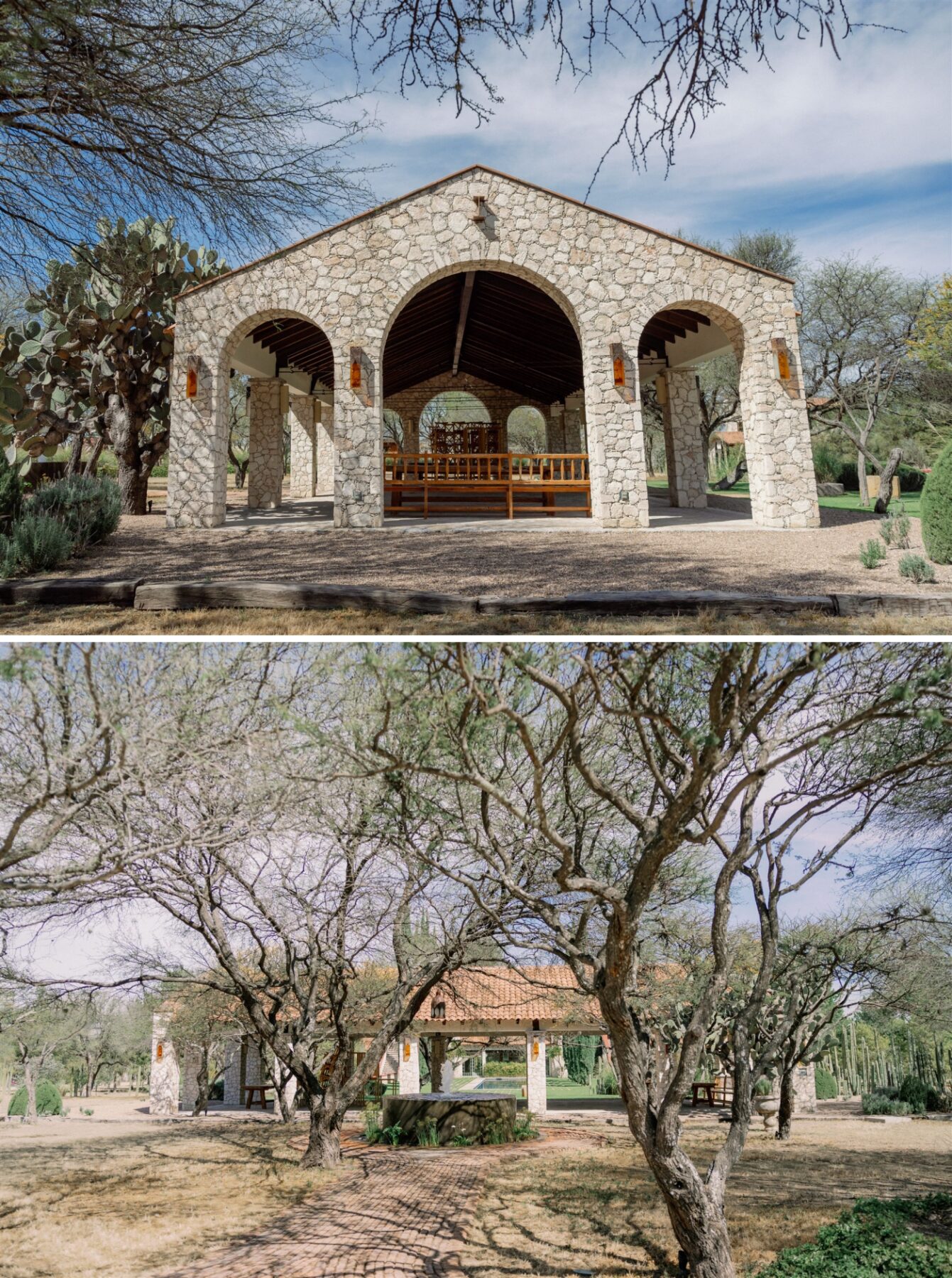 A large, covered stone courtyard surrounded by sprawling trees