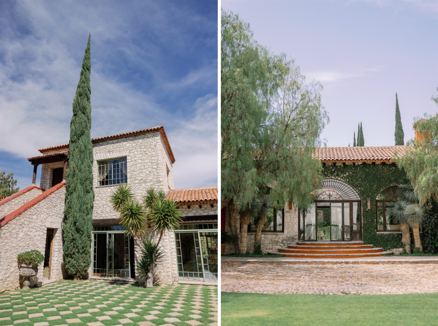 Details of the stone and terra cotta colored exteriors of Rancho Las Sabinas