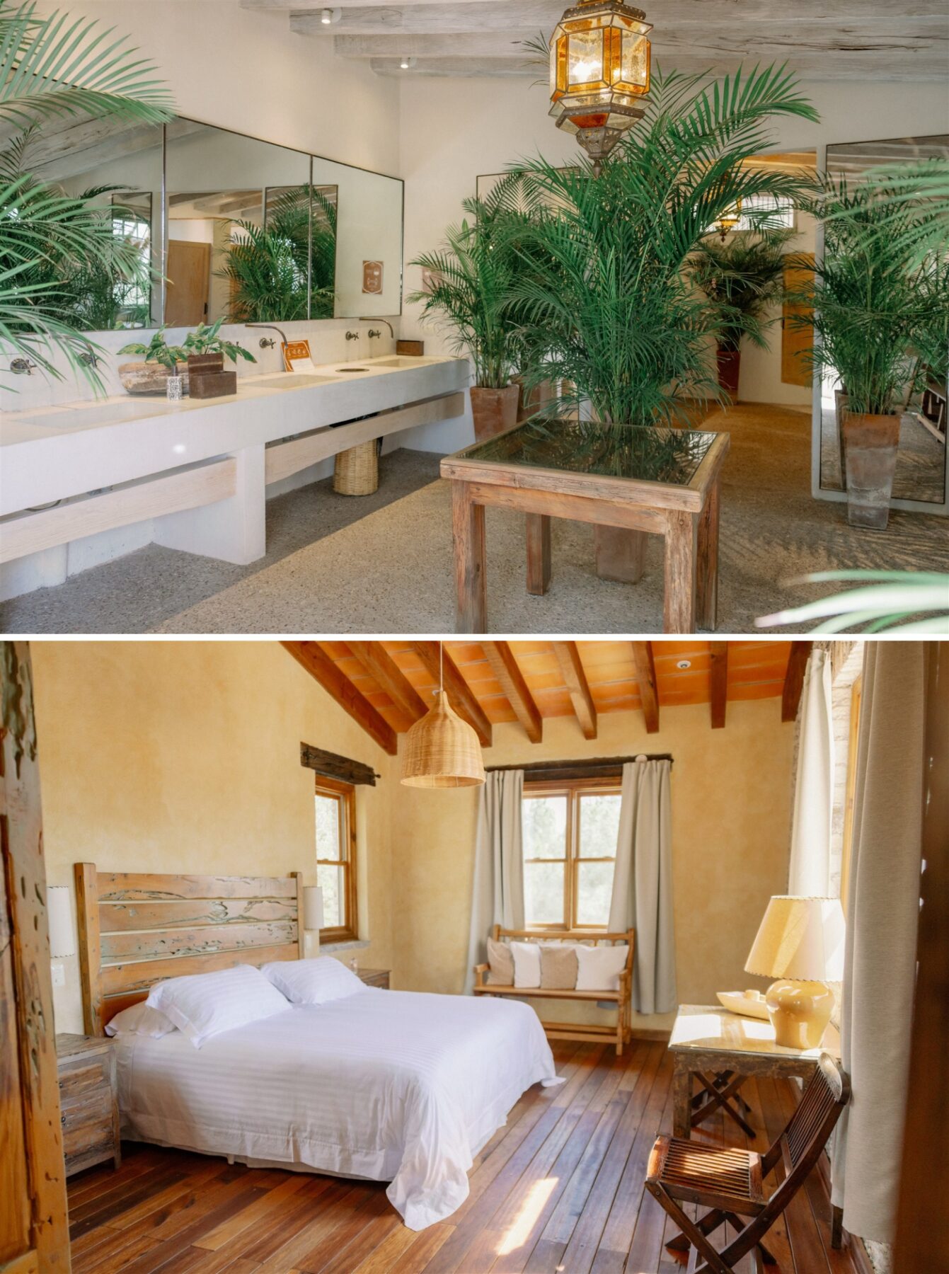 A clean, earthy suite with a large bed at Rancho Las Sabinas